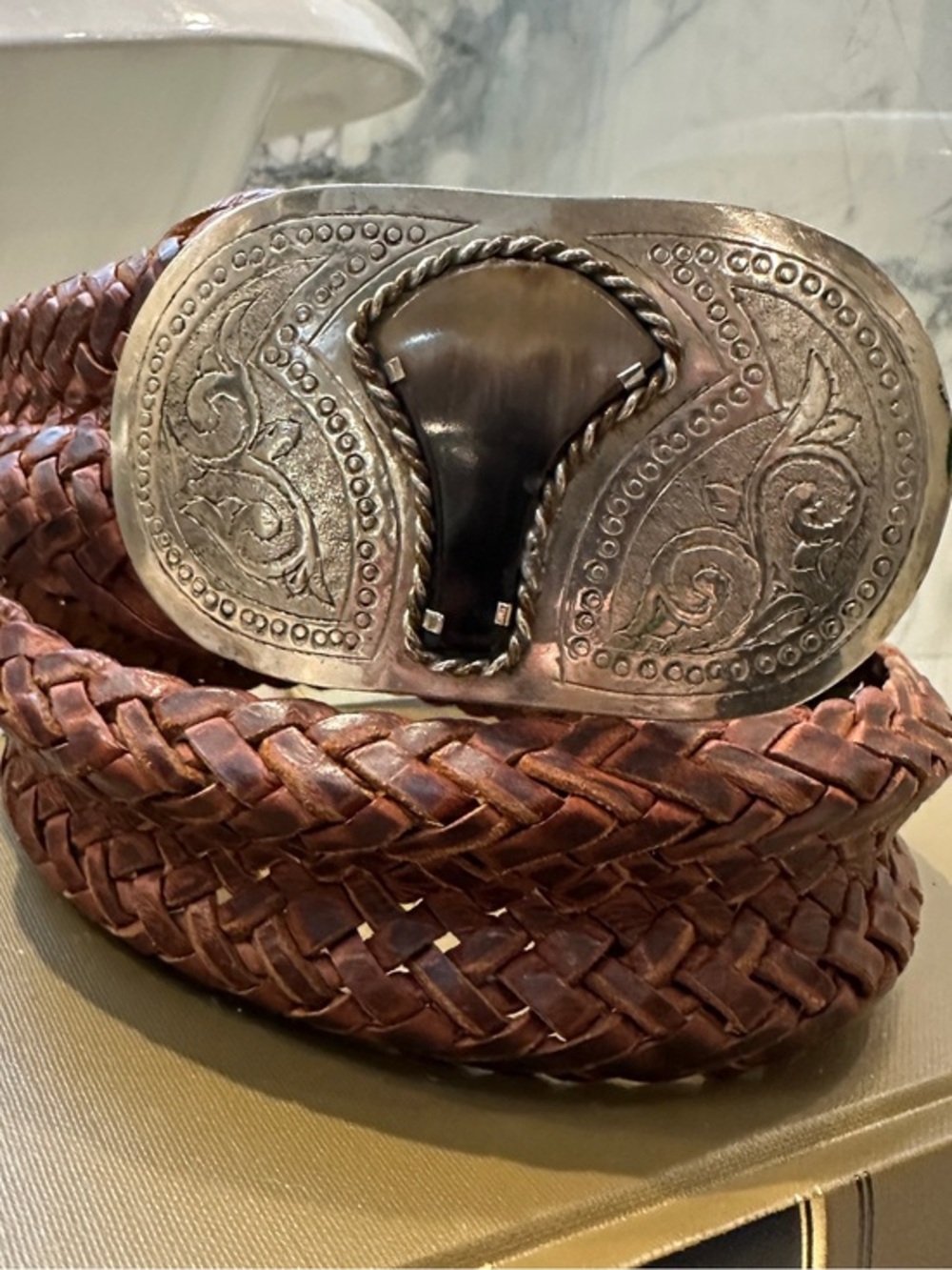 Vintage Handcrafted Braided Leather Belt w/ Engraved Horn Buckle Brown